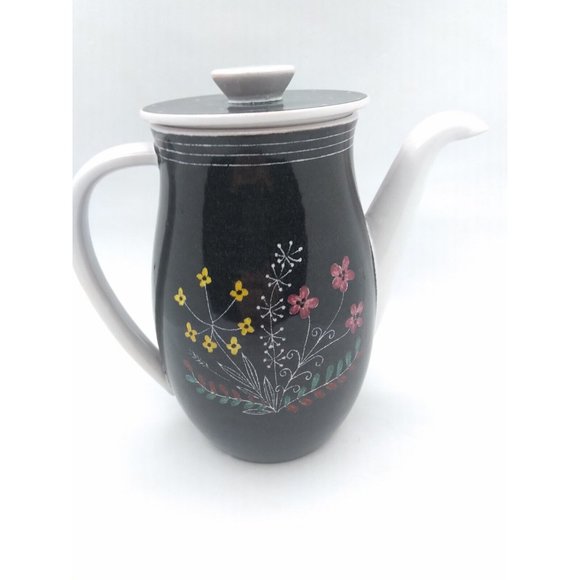 Vtg Swiss Fritz Haussmann Bauhaus faded style black wild floral teapot
